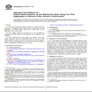 ASTM C1777 − 15 Standard Test Method for Rapid Determination of the Methylene Blue Value for Fine Aggregate or Mineral Filler Using a Colorimeter