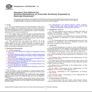 ASTM C672/C672M − 12 Standard Test Method for Scaling Resistance of Concrete Surfaces Exposed to Deicing Chemicals