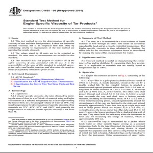 ASTM D1665−98 Reapproved 2014 Standard Test Method for Engler Specific Viscosity of Tar Products