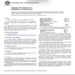 ASTM D20 − 03 Reapproved 2014 Standard Test Method for Distillation of Road Tars